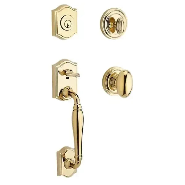 Baldwin Westcliff Handleset with Interior Ellipse Knob with Traditional Round Rosette in Lifetime Polished Brass finish