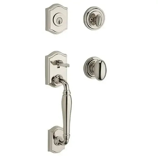 Baldwin Westcliff Handleset with Interior Ellipse Knob with Traditional Round Rosette in Lifetime Polished Nickel finish