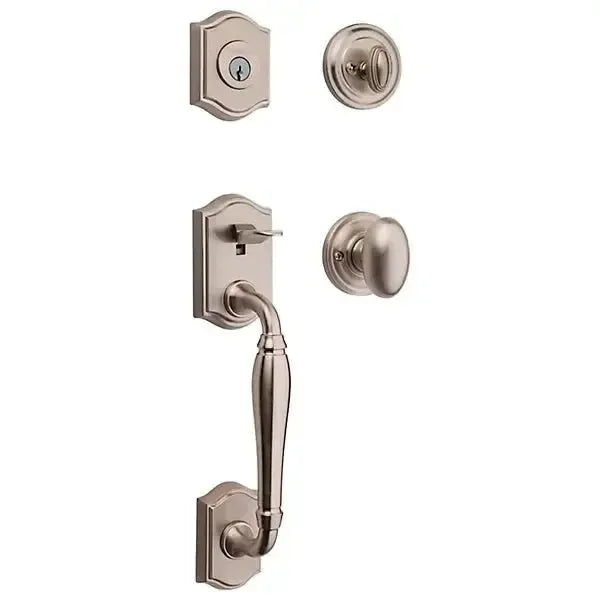 Baldwin Westcliff Handleset with Interior Ellipse Knob with Traditional Round Rosette in Lifetime Satin Nickel finish