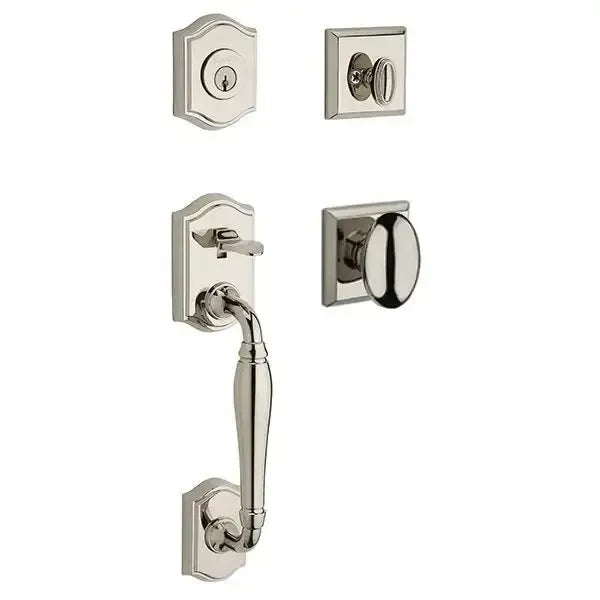 Baldwin Westcliff Handleset with Interior Ellipse Knob with Traditional Square Rosette in Lifetime Polished Nickel finish