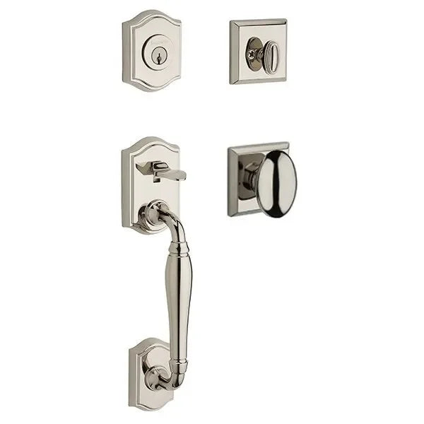 Baldwin Westcliff Handleset with Interior Ellipse Knob with Traditional Square Rosette Lifetime Polished Nickel