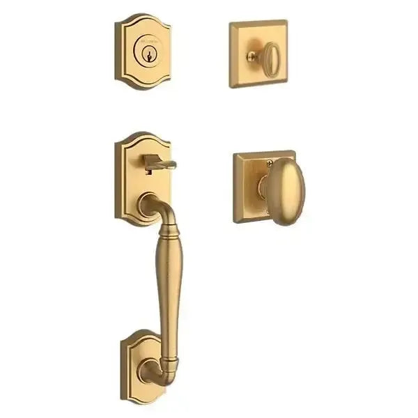 Baldwin Westcliff Handleset with Interior Ellipse Knob with Traditional Square Rosette in Lifetime Satin Brass finish