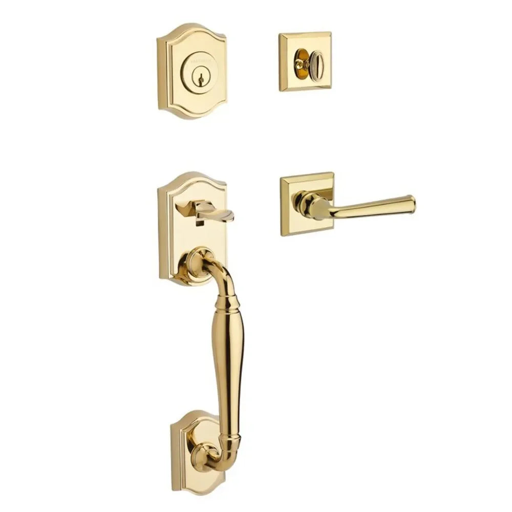 The Baldwin Reserve Westcliff Handleset with Interior Federal Lever with Traditional Square Rosette in Lifetime Polished Brass finish.