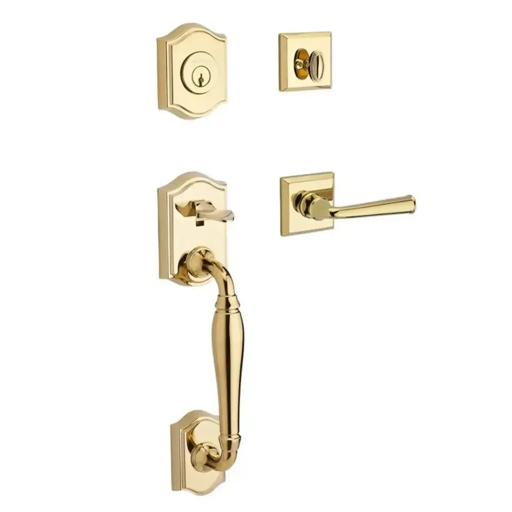Baldwin Westcliff Handleset with Interior Federal Lever with Traditional Square Rosette in Lifetime Polished Brass finish