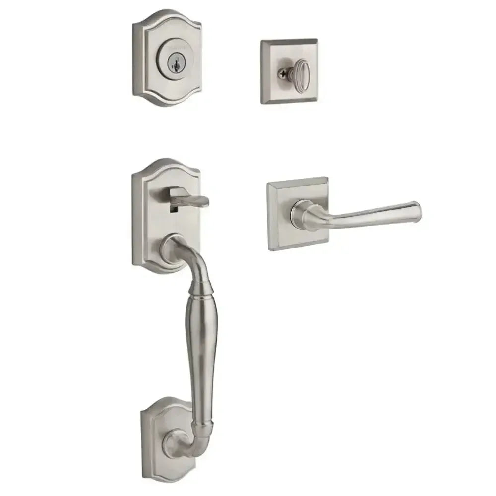 Baldwin Westcliff Handleset with Interior Federal Lever with Traditional Square Rosette in Lifetime Satin Nickel finish