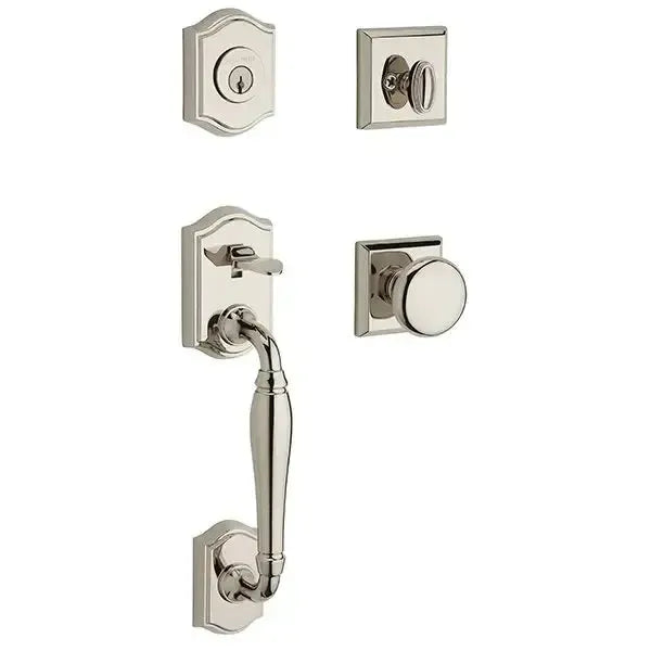 Baldwin Westcliff Handleset with Interior Round Knob with Traditional Square Rosette in Lifetime Polished Nickel finish