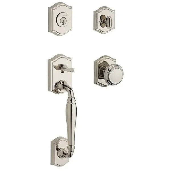 Baldwin Westcliff Handleset with Interior Traditional Knob with Traditional Arch Rosette Lifetime Polished Nickel