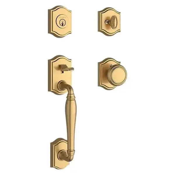Baldwin Westcliff Handleset with Interior Traditional Knob with Traditional Arch Rosette in Lifetime Satin Brass finish