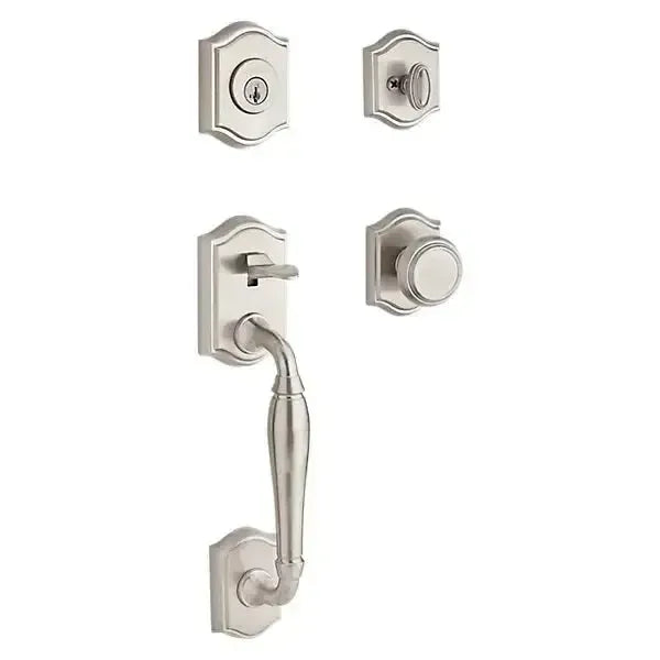 Baldwin Westcliff Handleset with Interior Traditional Knob with Traditional Arch Rosette in Lifetime Satin Nickel finish