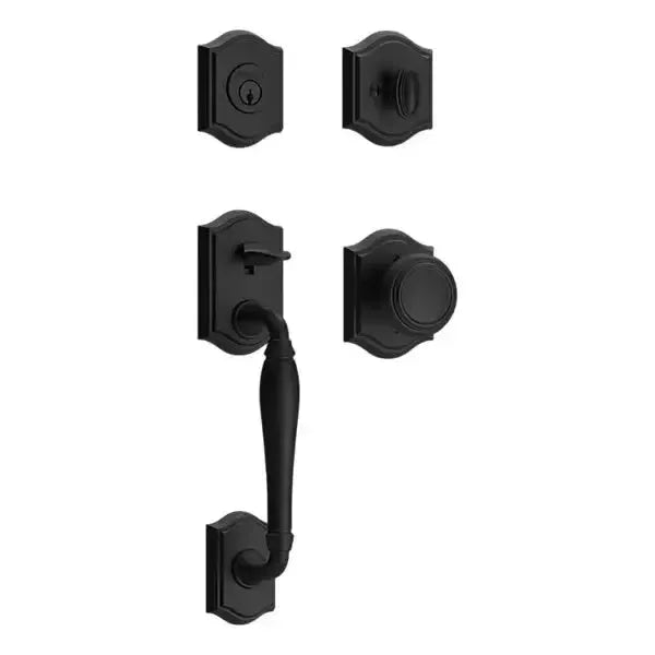Baldwin Westcliff Handleset with Interior Traditional Knob with Traditional Arch Rosette in Satin Black finish