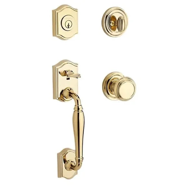 Baldwin Westcliff Handleset with Interior Traditional Knob with Traditional Round Rosette Lifetime Polished Brass