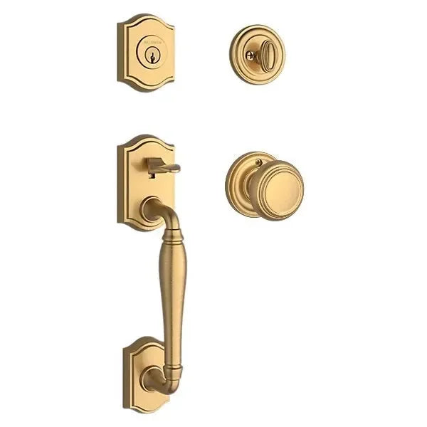 Baldwin Westcliff Handleset with Interior Traditional Knob with Traditional Round Rosette Lifetime Satin Brass