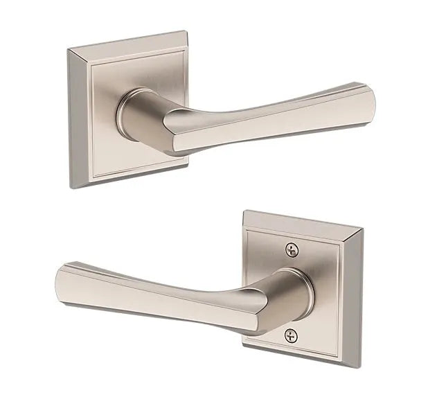 Baldwin Wyndcliff Lever with Chamfered Square Rosette in Lifetime Satin Nickel finish
