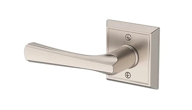 Baldwin Wyndcliff Lever with Chamfered Square Rosette in Lifetime Satin Nickel finish