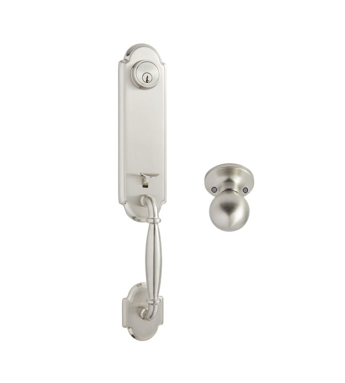 The Better Home Products Sea Cliff Handleset with Ball Knob Interior in Satin Nickel finish