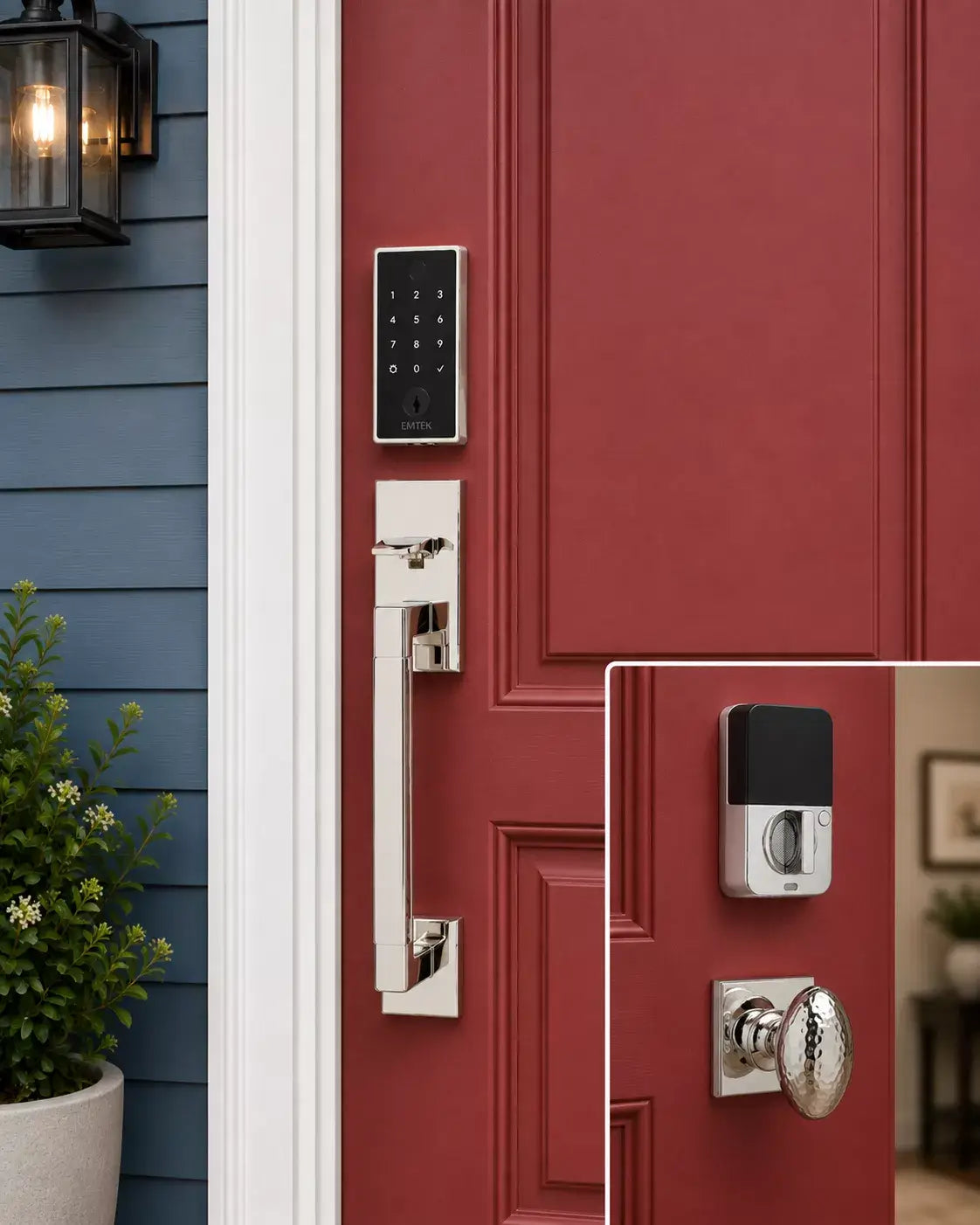 Emtek EMPowered 2 Touch Entry Set with Hercules Smooth Grip and Hammered Egg Knob in finish
