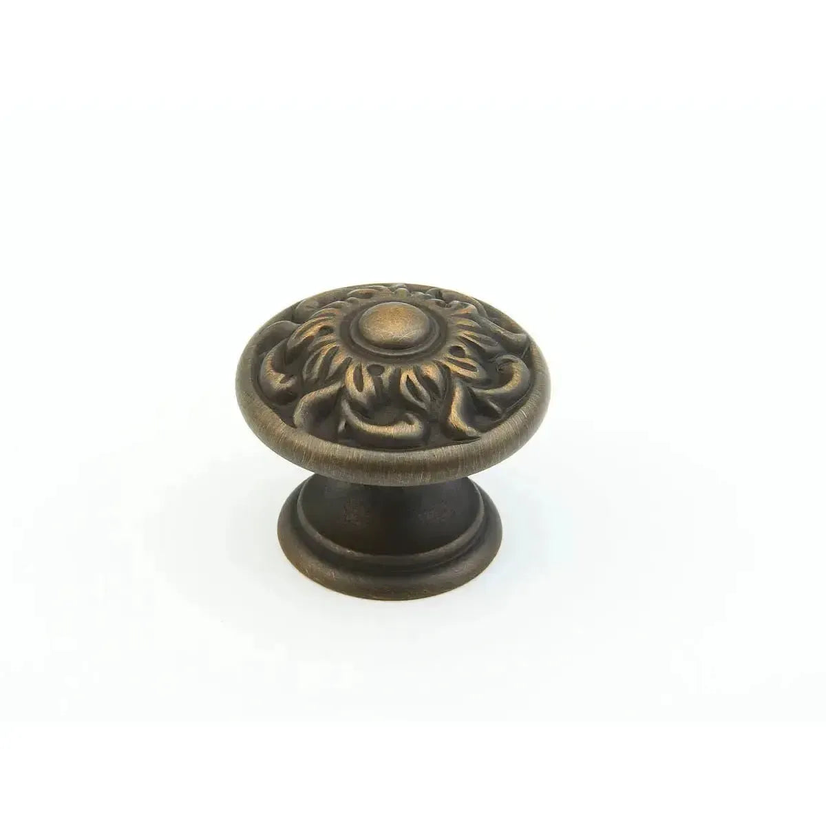 The Schaub Corinthian Round Cabinet Knob in Reddington Brass finish.