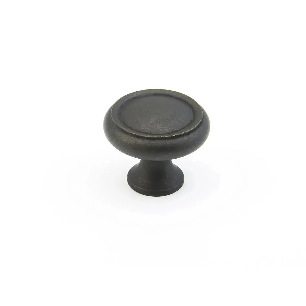 The Schaub Country Rimmed Round Cabinet Knob in Distressed Bronze finish.