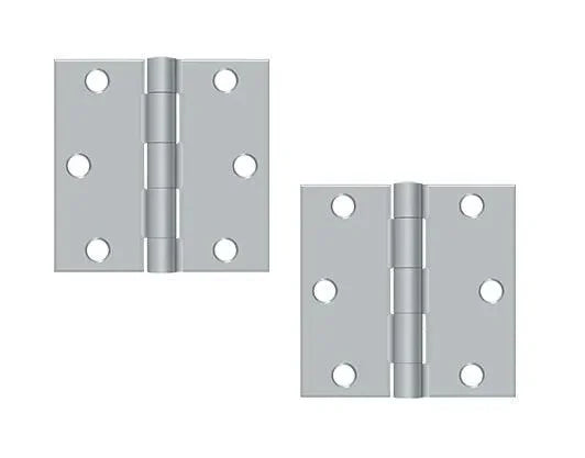 The Deltana 3" x 3" Square Corner Hinge, Residential in Brushed Chrome finish.