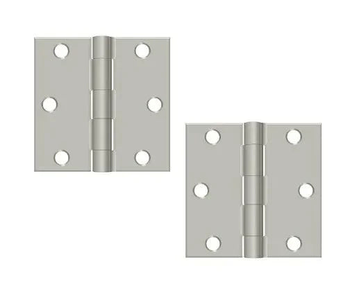 The Deltana 3" x 3" Square Corner Hinge, Residential in Brushed Nickel finish.