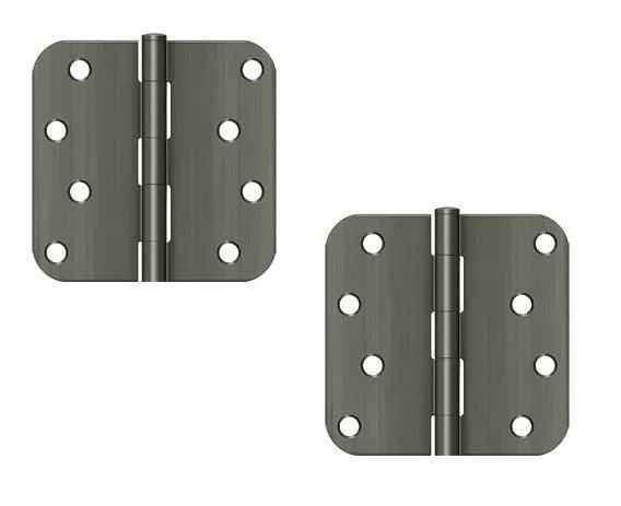 The Deltana 4" x 4" x 5/8" Radius Hinge, Residential in Antique Nickel finish.