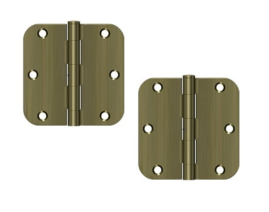 The Deltana 3-1/2" x 3-1/2" x 5/8" Radius Hinge, Residential in Antique Brass finish.