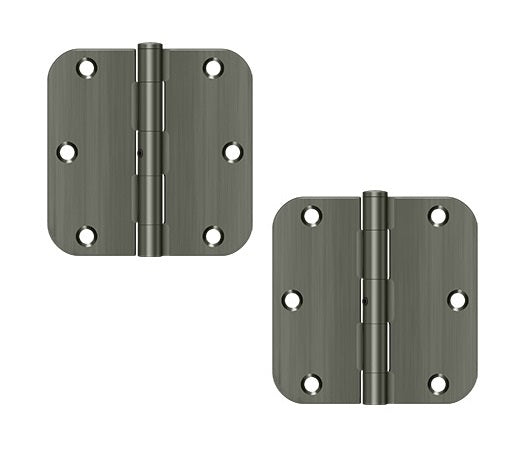 The Deltana 3-1/2" x 3-1/2" x 5/8" Radius Hinge, Residential in Antique Nickel finish.