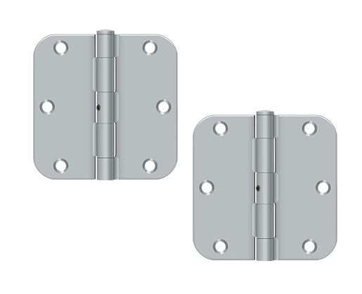 The Deltana 3-1/2" x 3-1/2" x 5/8" Radius Hinge, Residential in Brushed Chrome finish.