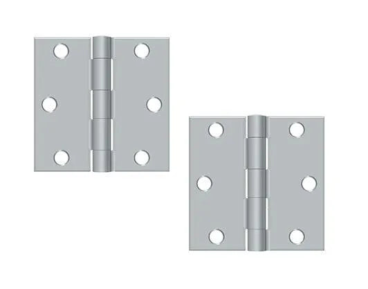 The Deltana 3" x 3" Square Corner Hinge, Residential in Brushed Chrome finish.