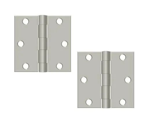 The Deltana 3" x 3" Square Corner Hinge, Residential in Brushed Nickel finish.