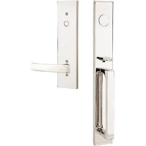 Emtek Dummy Lausanne Tubular Entrance Handleset with Geneva Lever in Lifetime Polished Nickel finish