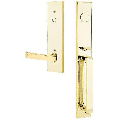 Emtek Dummy Lausanne Tubular Entrance Handleset with Geneva Lever in Unlacquered Brass finish