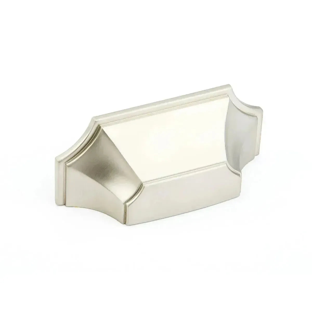 The Schaub Empire Cup Cabinet Pull in Satin Nickel finish.