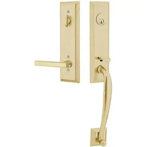 Emtek Adams Tubular Entrance Handleset With Freestone Lever in Satin Brass finish