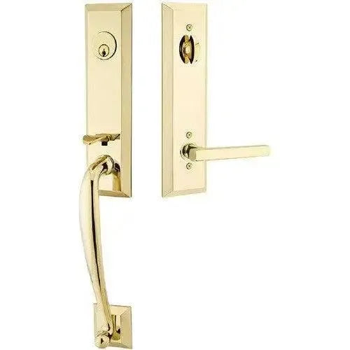 Emtek Adams Tubular Entrance Handleset With Freestone Lever in Unlacquered Brass finish