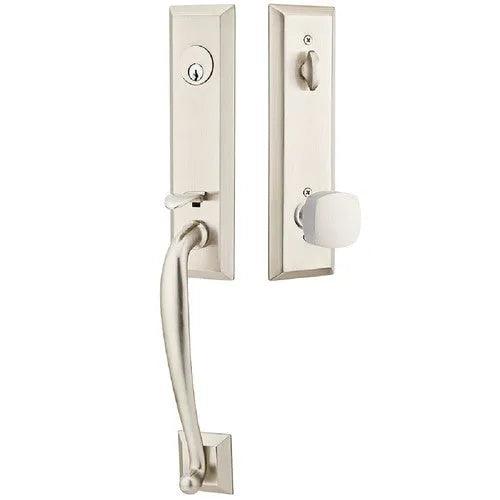 EmtekEmtek Adams Tubular Entrance Handleset With Freestone Square Knob in 