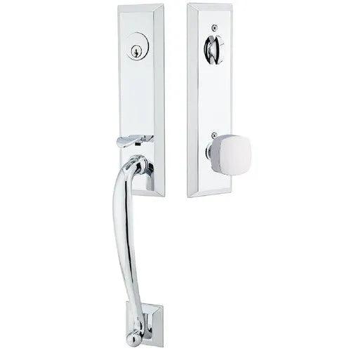 Emtek Adams Tubular Entrance Handleset With Freestone Square Knob in Polished Chrome finish