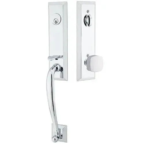 Emtek Adams Tubular Entrance Handleset With Freestone Square Knob in Polished Chrome finish