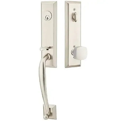 Emtek Adams Tubular Entrance Handleset With Freestone Square Knob in Satin Nickel finish