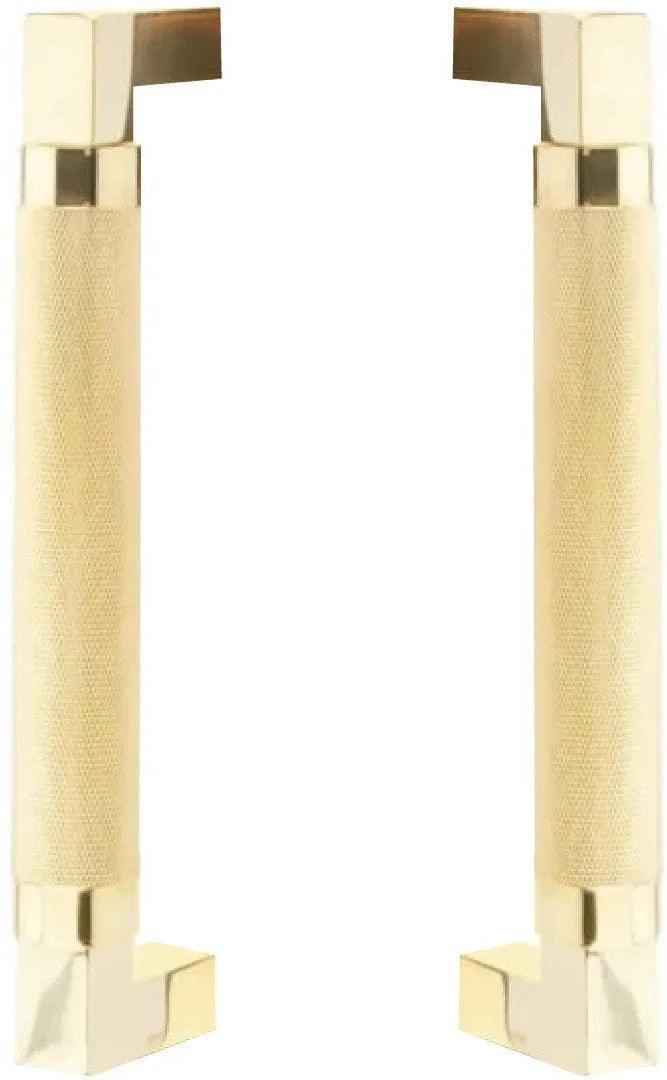 The Emtek Back to Back Hercules Knurled Door Pull, 8" Center to Center in Unlacquered Brass finish