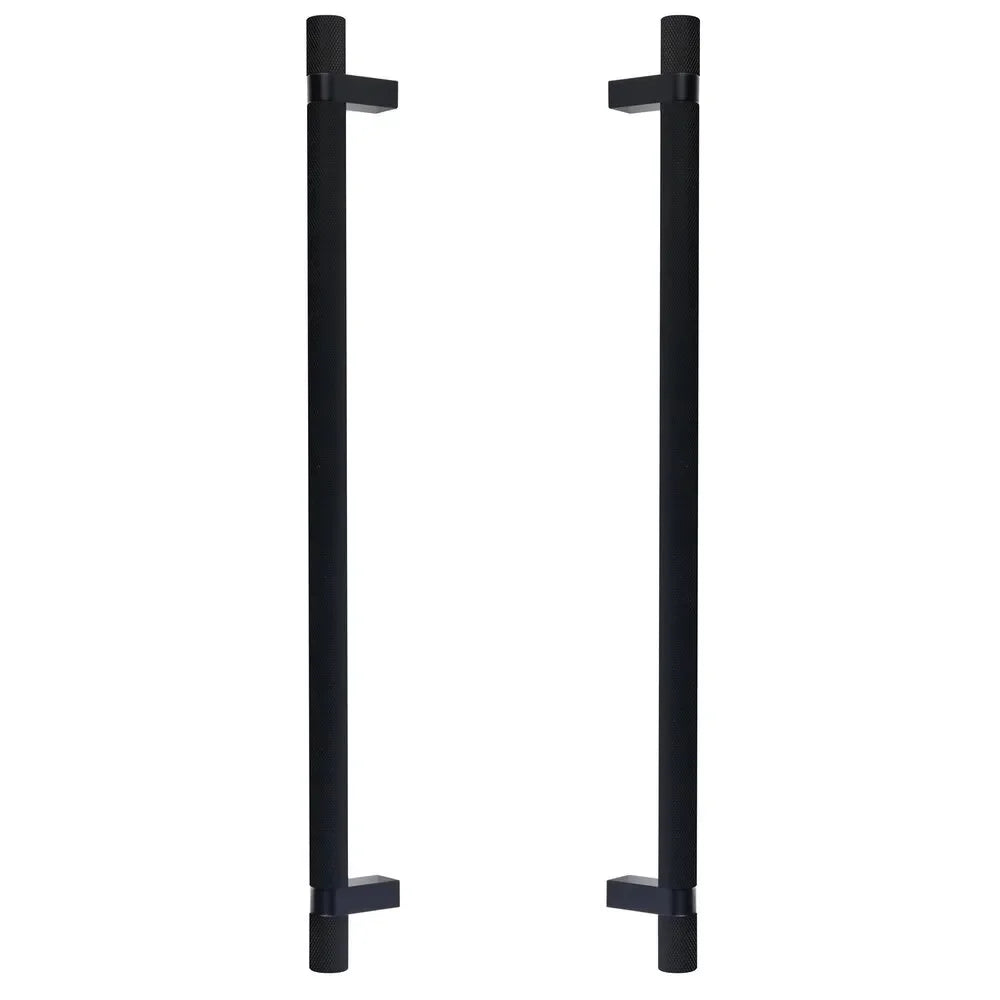The Emtek Back-to-Back Select Knurled Appliance Bar Pull, 18" C-to-C in Flat Black finish