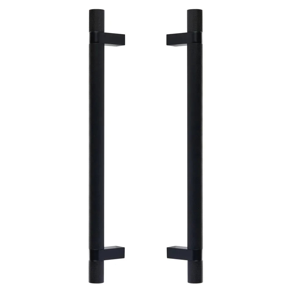 The Emtek Back-to-Back Select Knurled Appliance Bar Pull, 12" C-to-C in Flat Black finish
