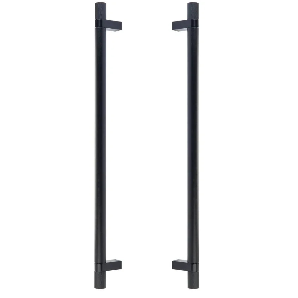 The Emtek Back-to-Back Select Knurled Appliance Bar Pull, 18" C-to-C in Oil Rubbed Bronze finish
