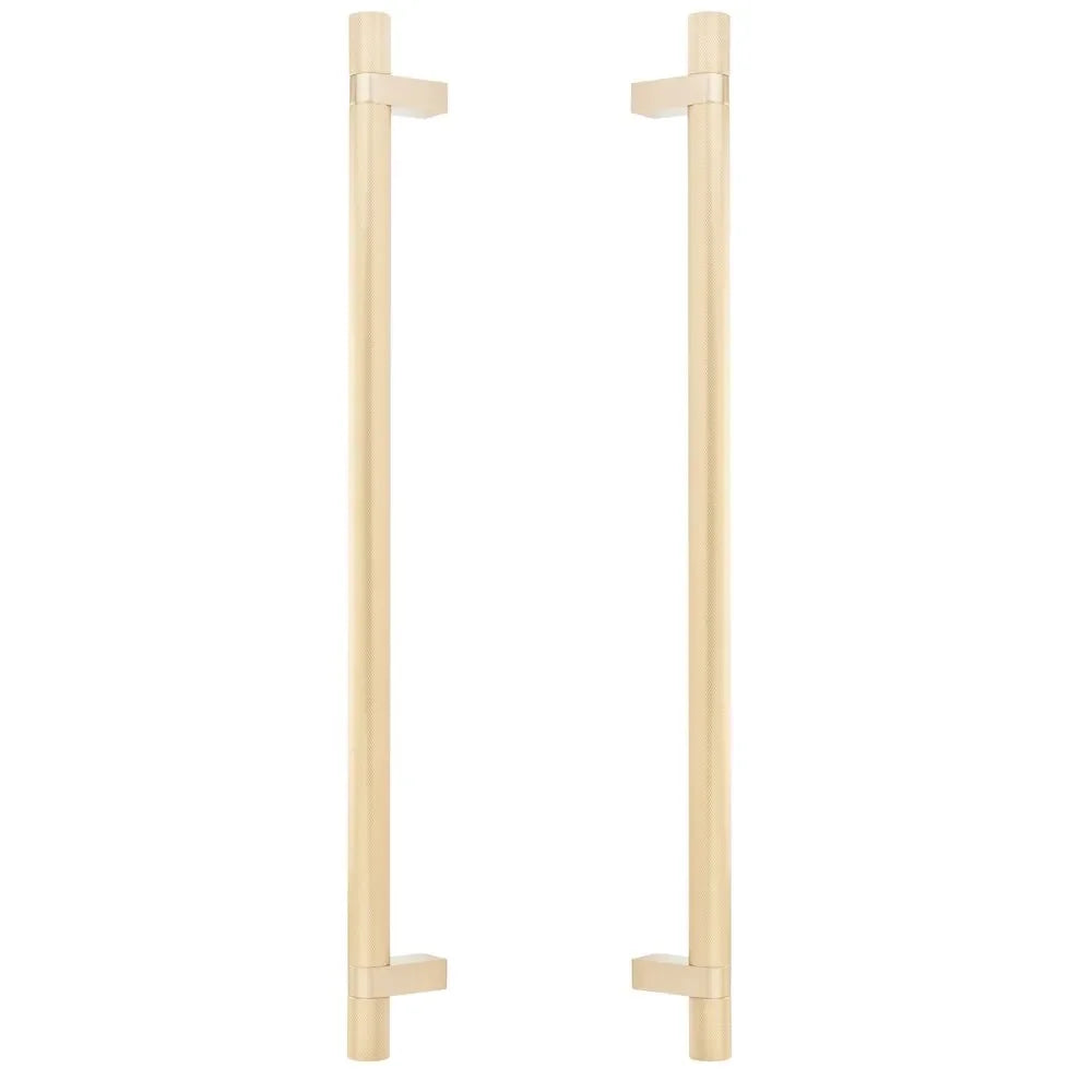 The Emtek Back-to-Back Select Knurled Appliance Bar Pull, 18" C-to-C in Satin Brass finish