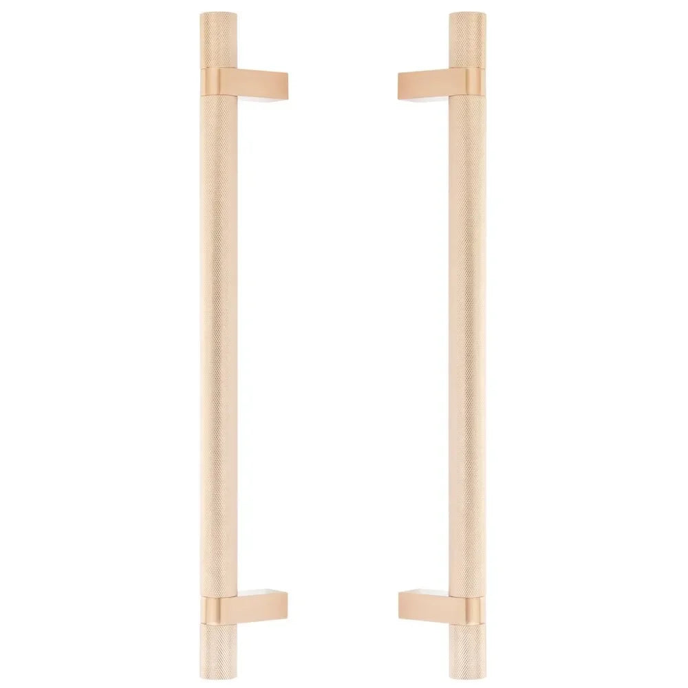 The Emtek Back-to-Back Select Knurled Appliance Bar Pull, 12" C-to-C in Satin Copper finish