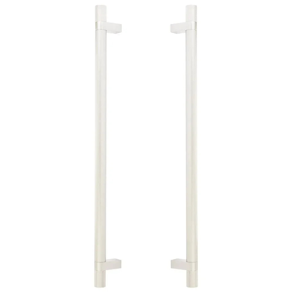 The Emtek Back-to-Back Select Knurled Appliance Bar Pull, 18" C-to-C in Satin Nickel finish