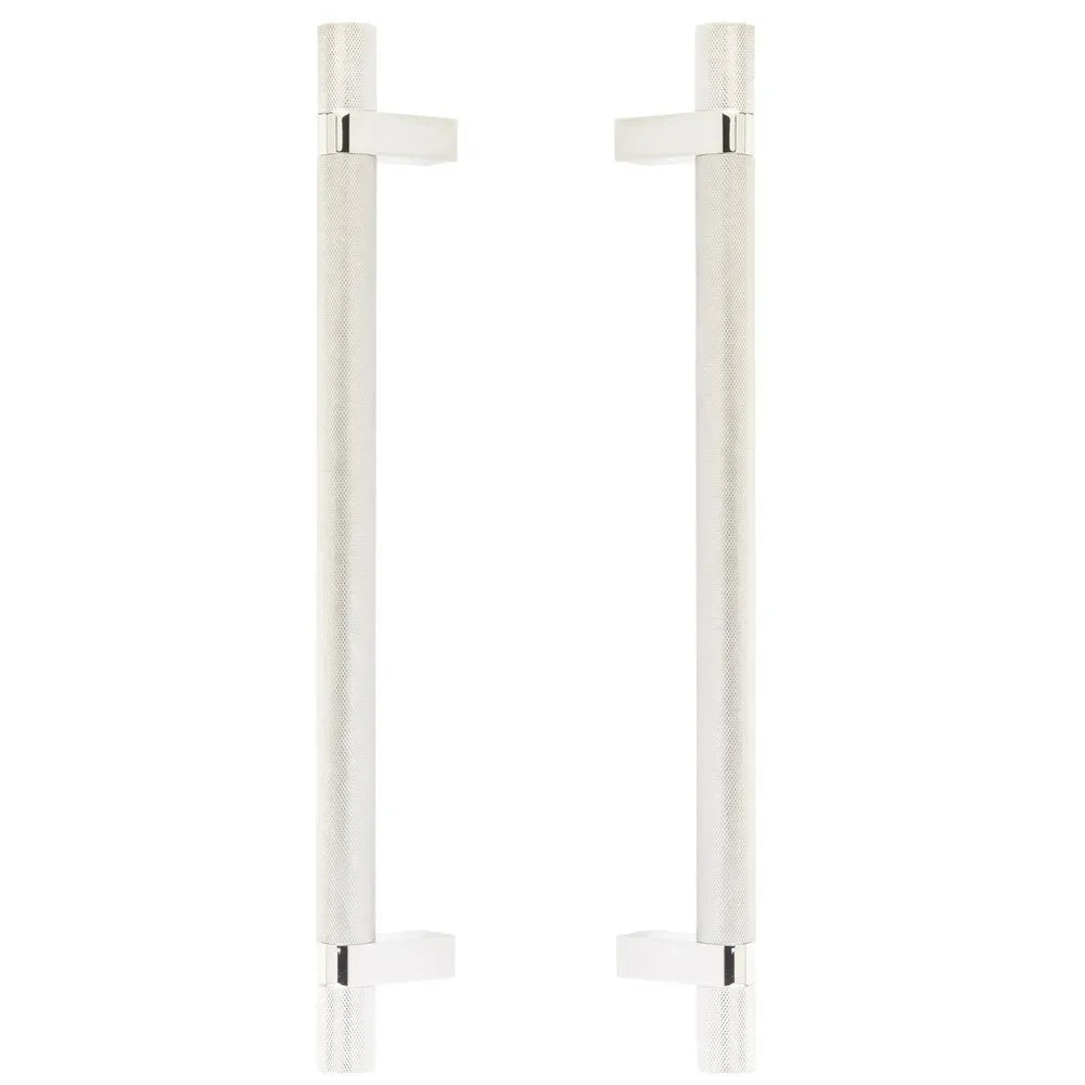 The Emtek Back-to-Back Select Knurled Appliance Bar Pull, 12" C-to-C in Satin Nickel finish