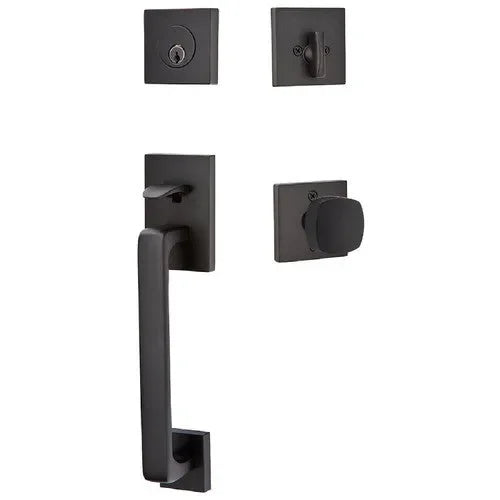 EmtekEmtek Baden Entrance Handleset With Freestone Square Knob in 