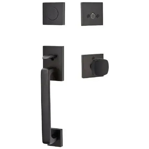 Emtek Baden Entrance Handleset With Freestone Square Knob in Flat Black finish