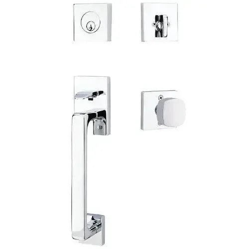 Emtek Baden Entrance Handleset With Freestone Square Knob in Polished Chrome finish